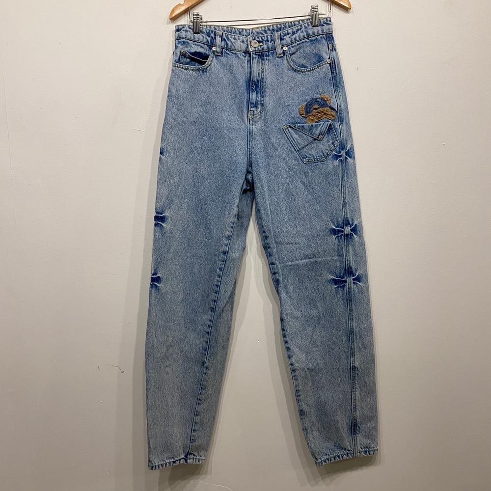 Lala Bobo Light Wash Teddy Bear Patch Straight Barrel Leg Jeans Blue Skater 28